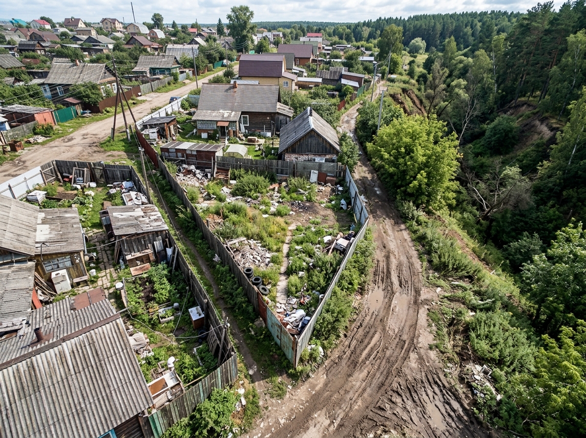 Вид сверху: проблемный участок под строительство, овраг, узкая форма